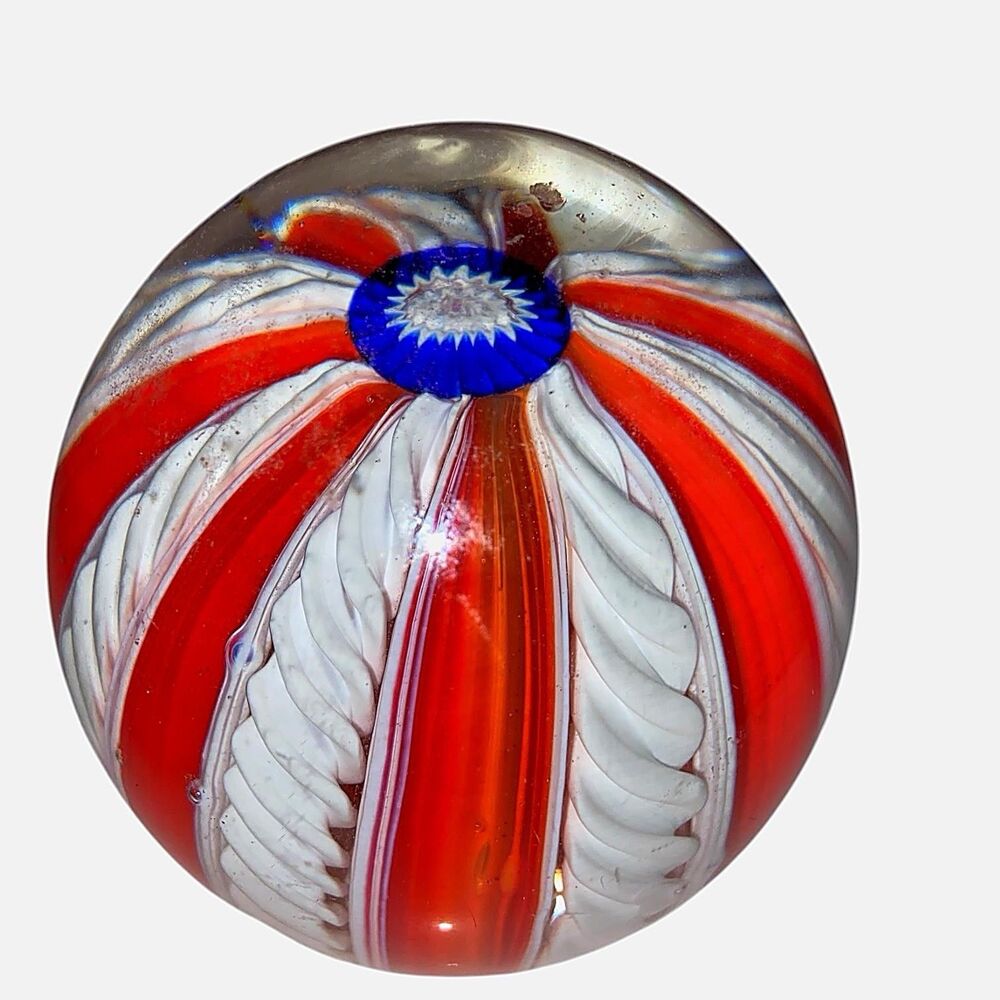 Vintage Italian Murano Glass Red White & Blue Paperweight - Fratelli Toso